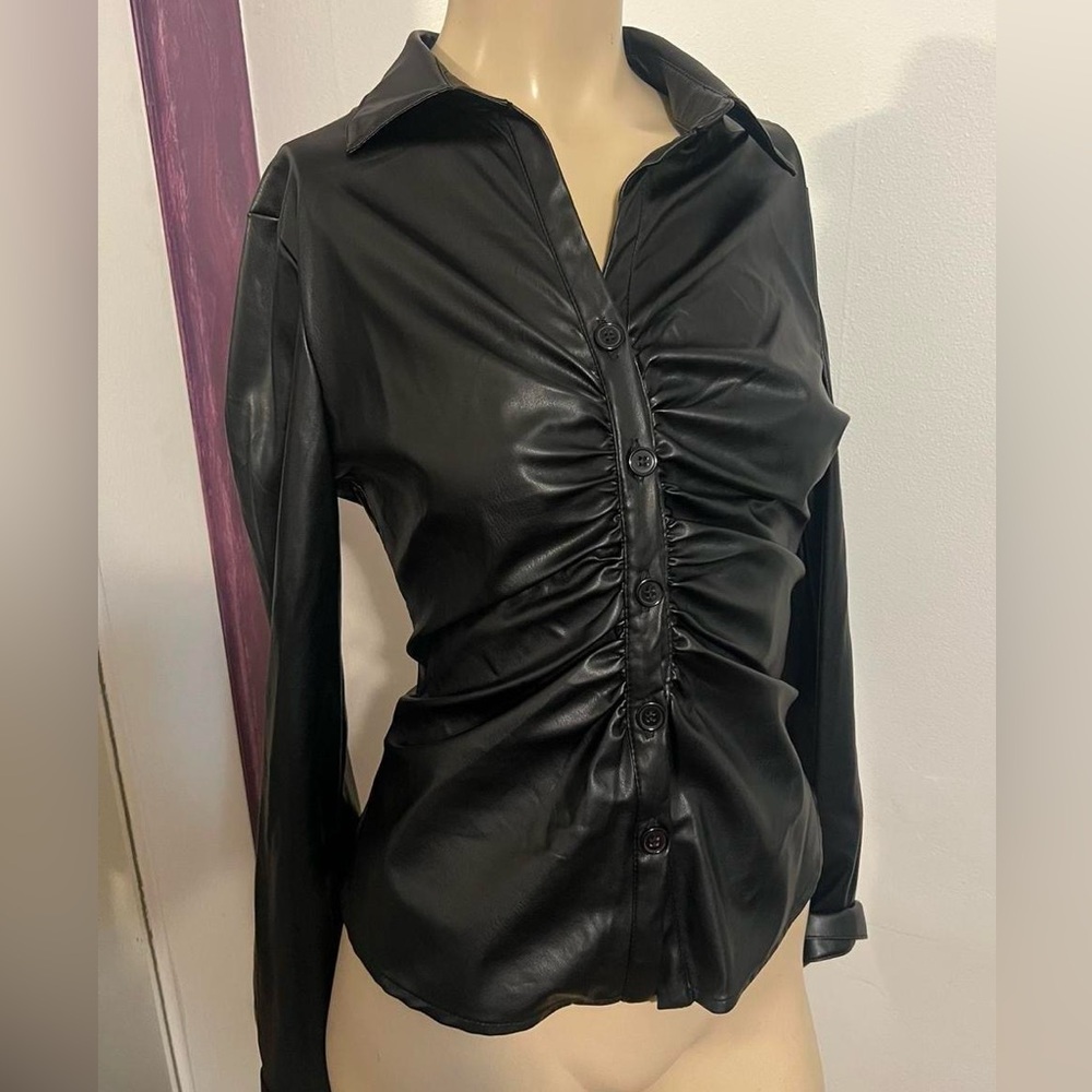 Black Faux Leather Blouse